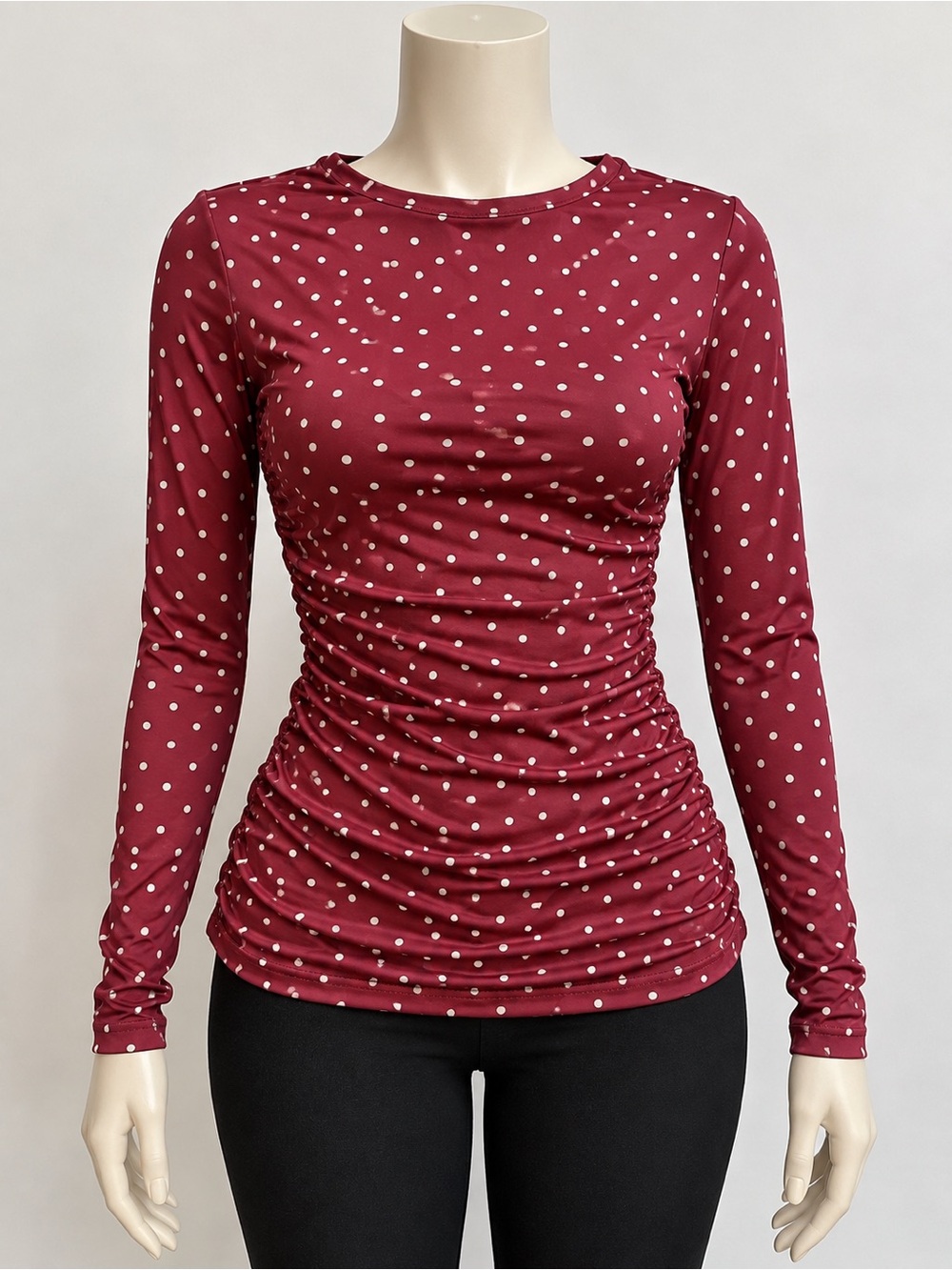 Ruched Burgundy Polka Dot Long-Sleeve Tee